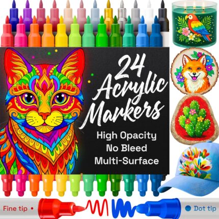 ARTISTRO 24 Acrylic Paint Markers for Rock, Fabric, Wood, Glass, Decoration - Dual-Tip Paint Pens for Coloring Books for Adults, Teens, Kids - Art and Craft Supplies Kit - Gift Idea