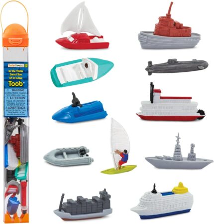 Safari Ltd. In the Water TOOB - Figurines of Jet Ski, Raft, Submarine, Motorboat, Windsurfer, Battleship, Cruise, Steam, Sail, Tug, Cargo Boat - Educational Toy Figures For Boys, Girls & Kids Ages 3+